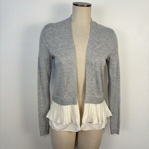 Chelsea28 Women's XS Grey Cream Ruffle Hem Open Cardigan Cashmere Blend Sweater